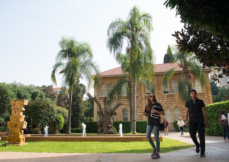 students outside university by fountain