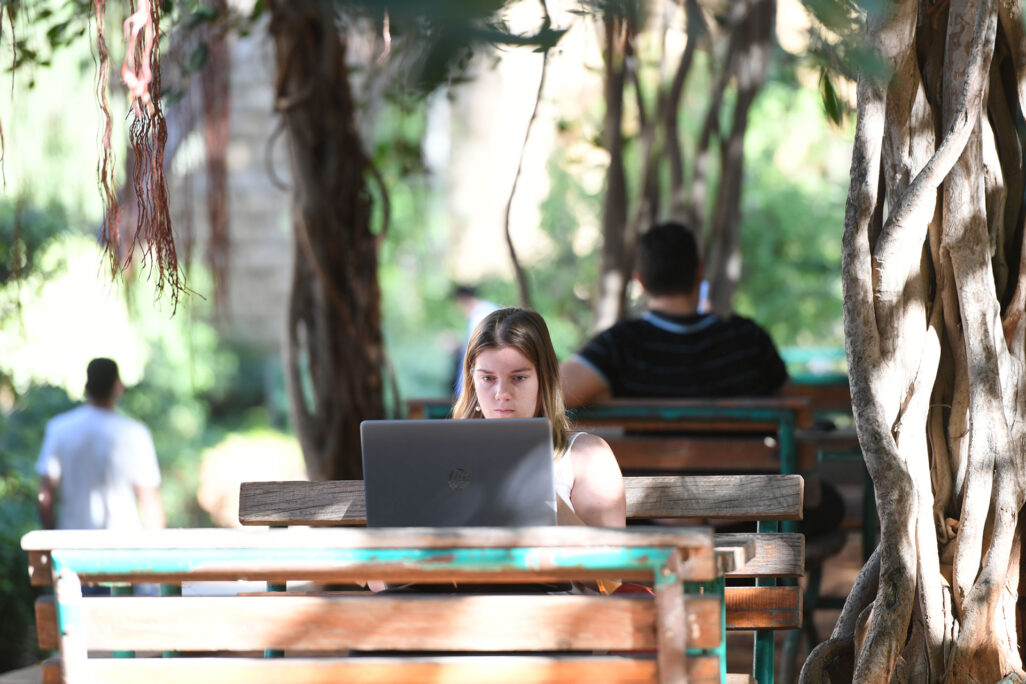 students with laptops at park benches